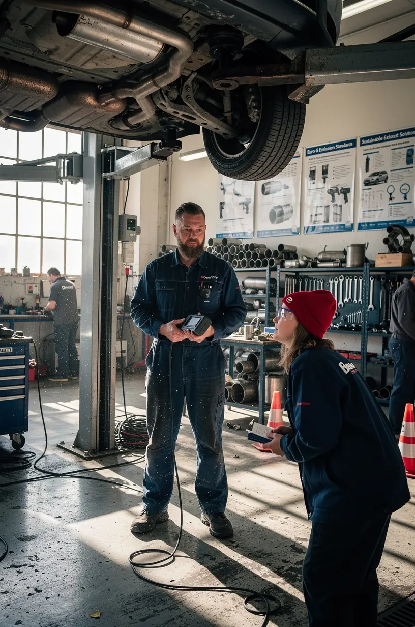 Moderne Werkstatt mit Spezialwerkzeugen zur Reparatur von Abgassystemen und Schalldämpfern.